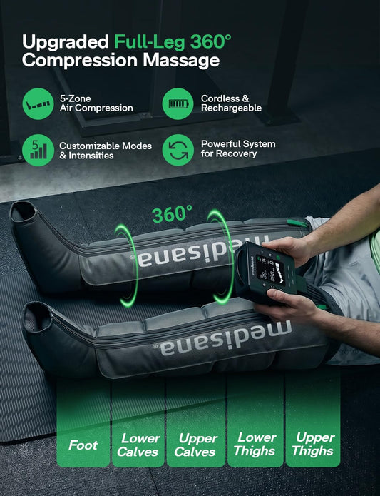 Medisana Leg Massager with Heat & Compression for Circulation & Pain Relief | 2600mAh Rechargable Compression Boots for Athletes, 5 Massage Modes, 3 Adjustable Heat Levels, Edema Relief, Leg Pain Relief