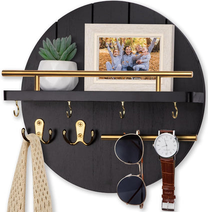 Nekon Key Holder Wall Mount, 11.8” Wood Mail Organizer for Wall, Brown | Round Wall Shelf with 6 Key Hooks, Rustic Key and Mail Holder, Key Hanger for Entryway Hallway Kitchen