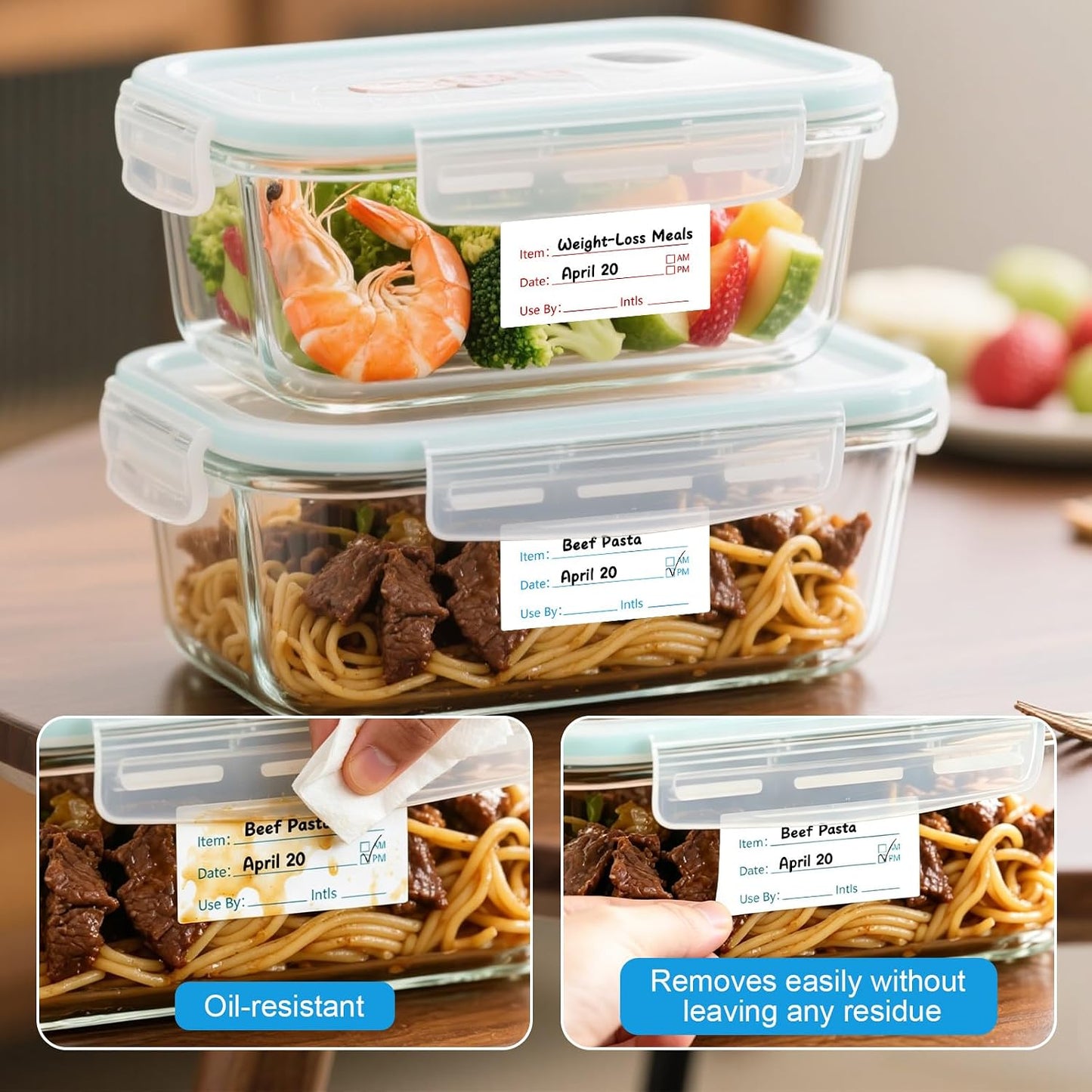 2 Rolls 1000 Pieces Freezer Labels, Write-On Waterproof & Oil-Proof,Removable Food Labels & Write-On Tape for Food Containers Perfect for Food Labeling and Storage Organization