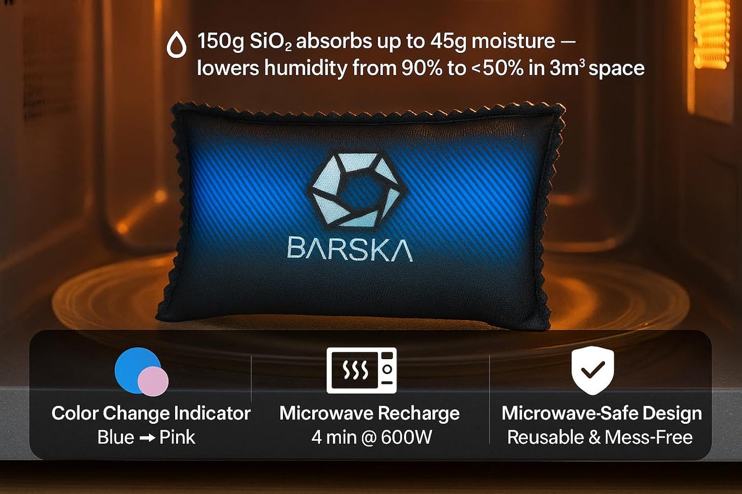 BARSKA Rechargeable Desiccant Dehumidifier - Safe Moisture Absorber for Home Closets, Gun Safes, Basement, Garage, Cars, Microwaveable - Portable Blue Dehumidifying Solution