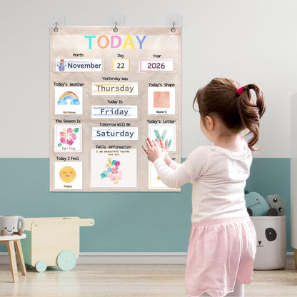 Daily Morning Board Circle Time Calendar Weather Seasons Positive Affirmations Letter Shape Number of the Day Pocket Chart,Toddler Preschool Calendar,Homeschool Morning Work Activity, Pastel Design