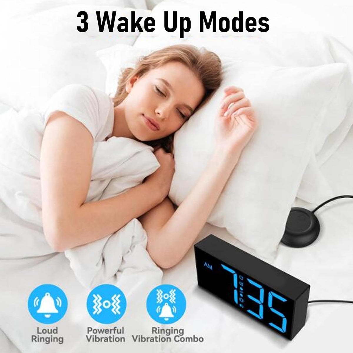 Sanpyl Loud Alarm Clock with Bed Shaker for Heavy Sleeper, Dual Vibrating Alarm Clock with 3 Modes, 7.4 Inch LED Display, Snooze, for Hearing Impairment Deafness, 12/24H