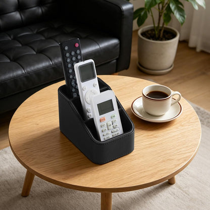 Remote Control Holder, Small Desk Organizer TV Remote Caddy, Black | PU Leather 3 Compartments Remote Holder, Remote Organizer Nightstand Organizer for Couch Bedside Living Room Office