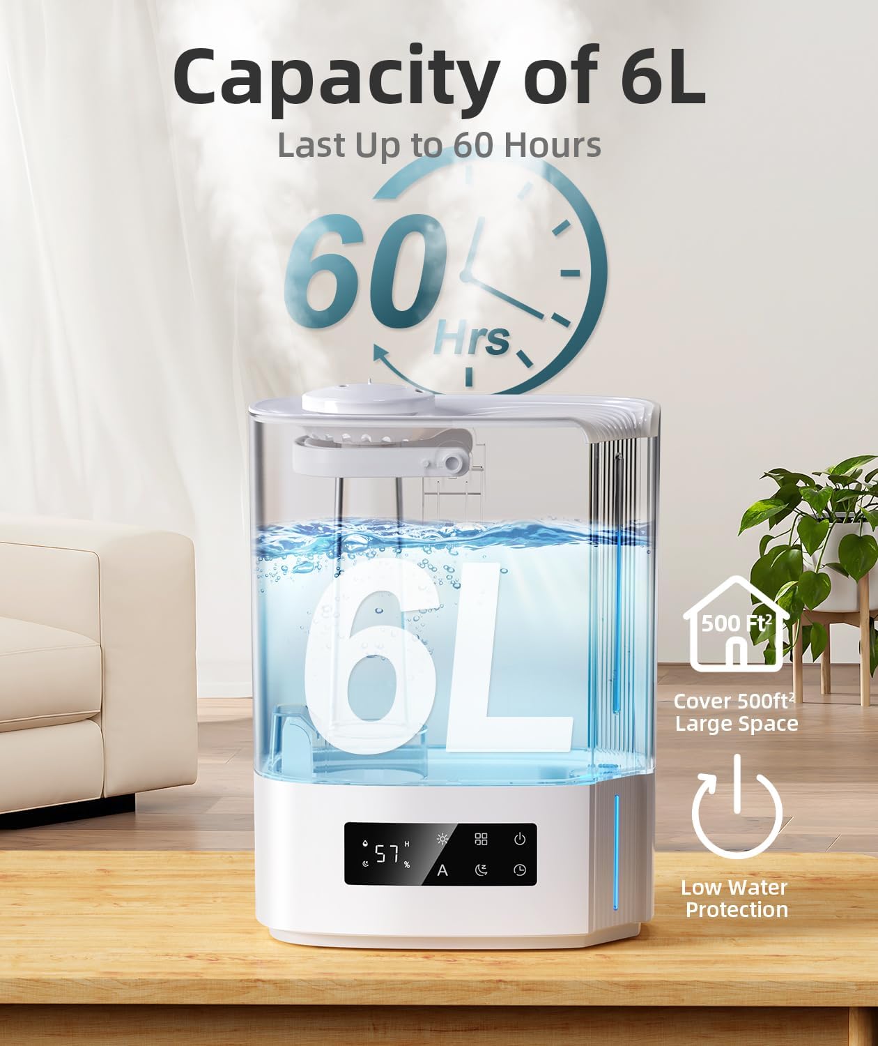BREEZOME 6L Humidifier for Bedroom Large Room Smart Humidistat Control | 60H Runtime, 25dB Quiet, Essential Oil Diffuser, Top Fill Ultrasonic Cool Mist Humidifiers for Baby, Plants, Nursery