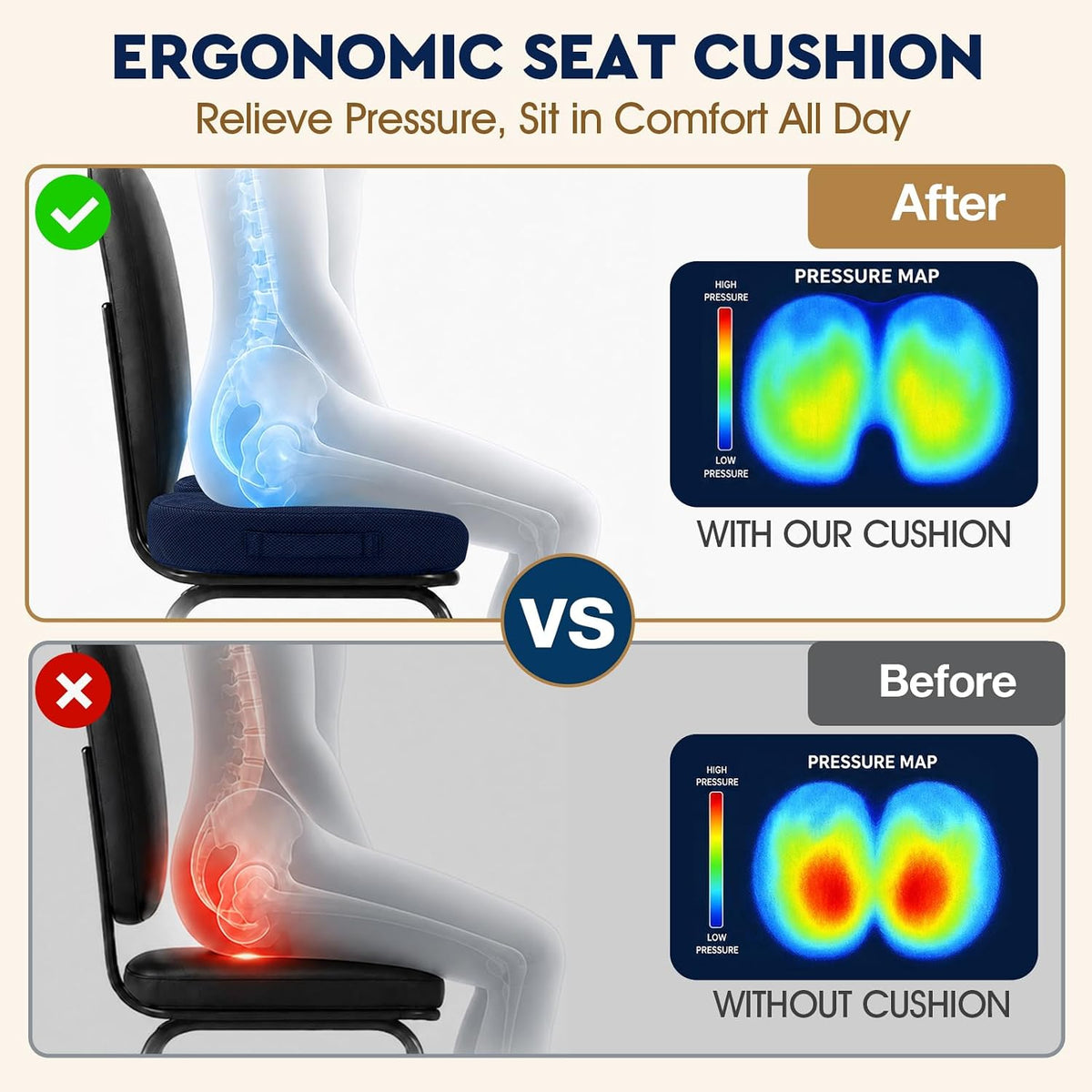 TushGuard Seat Cushion, Memory Foam Office Chair Cushion - Black, Large