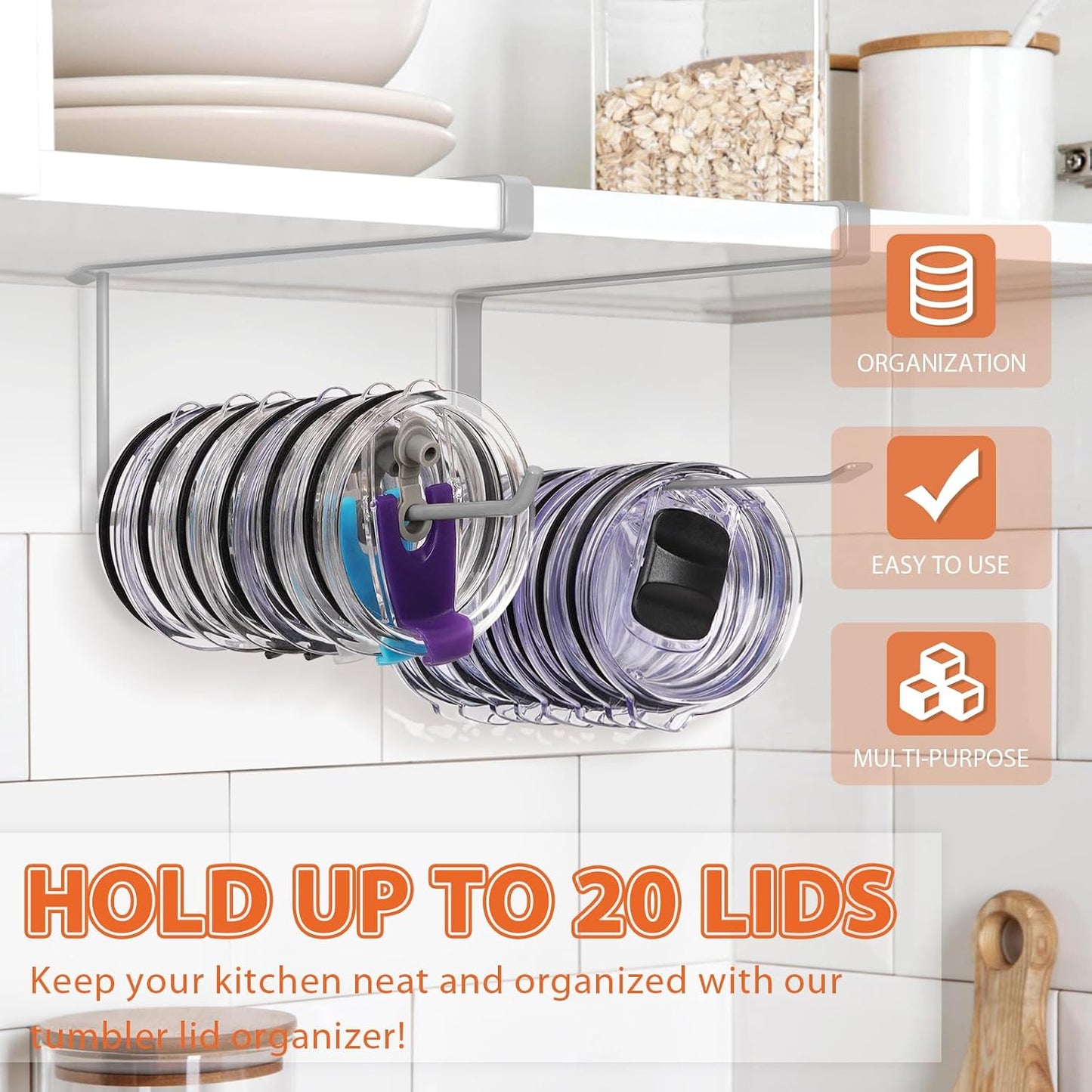 Tumbler Lid Organizer, Versatile Tumbler Lid Storage Holds 10 Lids, Black | Space Saving Cup Lid Organizers Inside Cabinet Tumbler Lid Hook for Kitchen Organizer and Storage, Paper Towel Rack Hanger