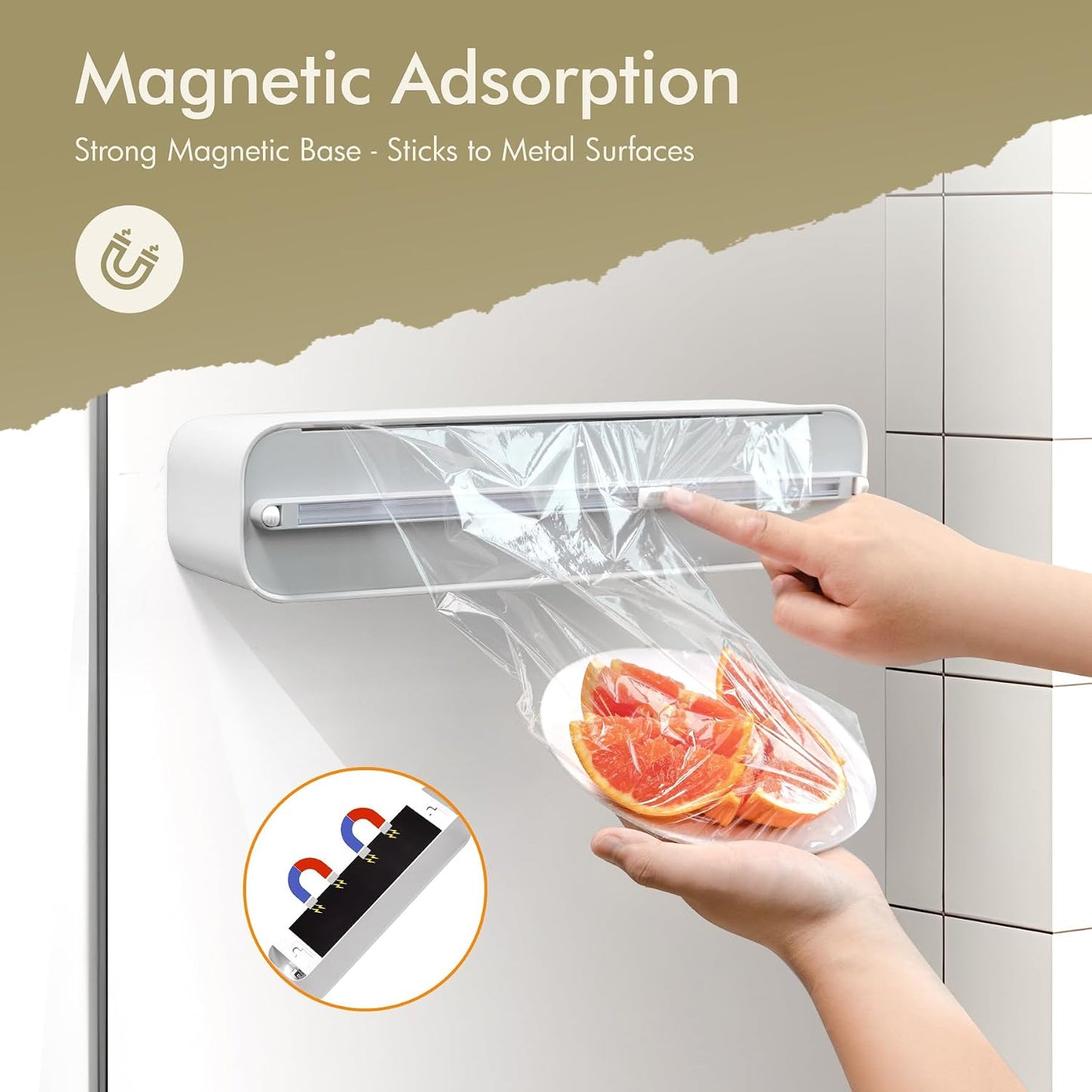 Aluminum Foil & Plastic Wrap Dispenser with Cutter - Magnetic & No-Drill Wall Mount, Cling Film Dispenser for Countertops & Cabinets, Space-Saving Kitchen Organizer - Fits 150 m Rolls, Black
