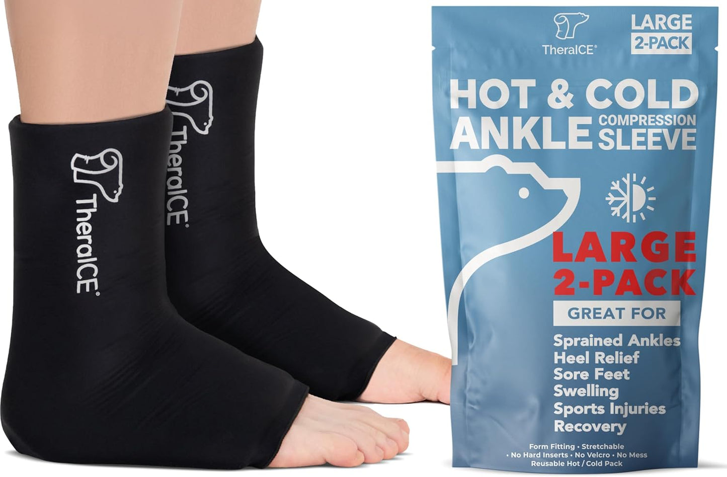 TheraICE Ankle Ice Pack Wrap, Achilles Tendonitis Brace, Plantar Fasciitis | Cold Therapy Compression Sleeve, Sock-Style Slip-On Fit for Women and Men, Eases Sprains, Swelling, Sore Feet and Heel