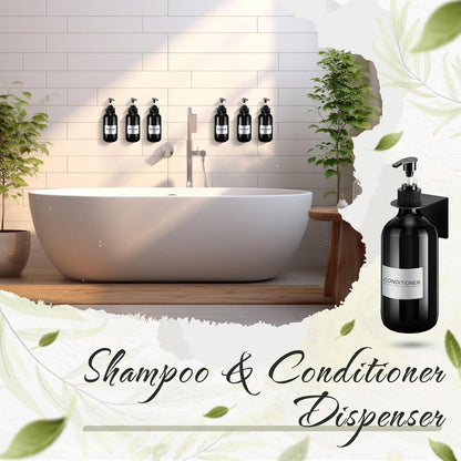 6 Pack Shampoo and Conditioner Dispenser Wall Mount 17oz No Drill Shampoo and Conditioner Dispenser with Matte Pump and Waterproof Labels Shower Soap Bottles Wall Mounted for Home Bathroom