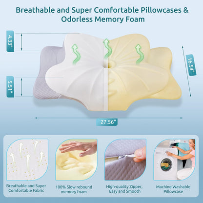 DONAMA Contour Cervical Neck Pillow for Neck Pain Relief | Queen,Ergonomic Dual-Height,Odorless Memory Foam,Side/Back/Stomach Sleepers,Cooling Hypoallergenic Cover,OEKO-TEX Certified