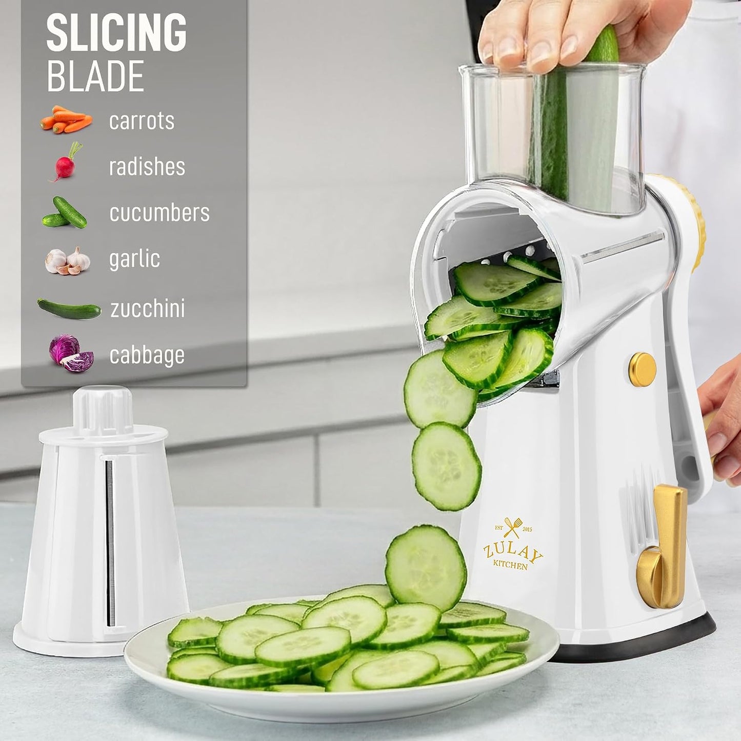 Zulay Kitchen Rotary Cheese Grater 5 Blade Cheese Shredder - Manual Hand Crank Cheese Grater With Reinforced Suction & 5 Interchangeable Drums - Easy to Use, Vegetable Chopper Round Mandoline Slicer - Colors B