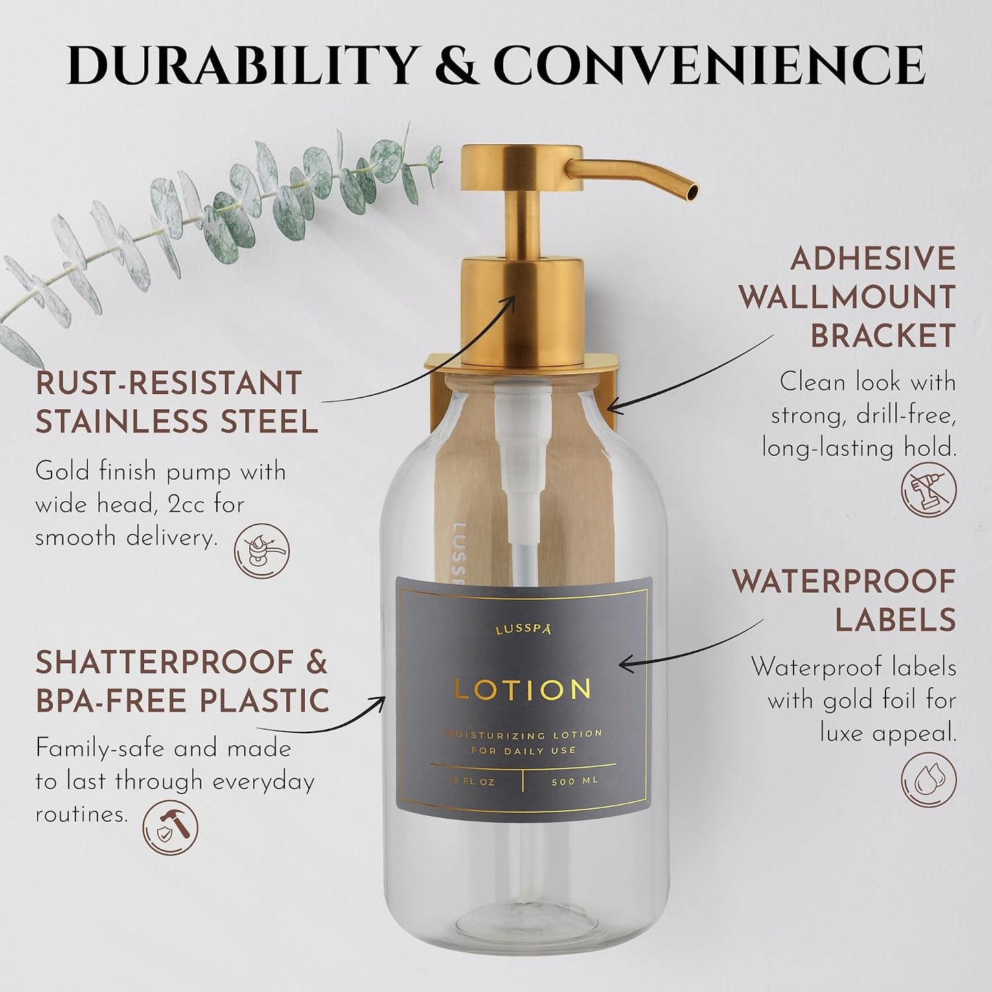 Shower Shampoo Dispenser Wall Mounted – 3 Refillable 16.9 oz Clear Bottles with Stainless Steel Pumps & No-Drill Adhesive Holders – Soap Dispenser Set for Bathroom (3 X Clear/Silver)