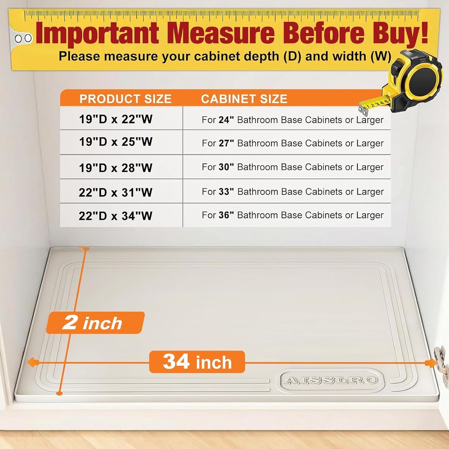Under Sink Mat 22" X 19", Waterproof Silicone Cabinet Kitchen Liner, Gray | BPA-Free Raised-Edge Cabinet Protector & Leak Tray for Bathroom Cabinets, Boots, Pet Feeding Dog & Cat Mats, Dishwasher Safe