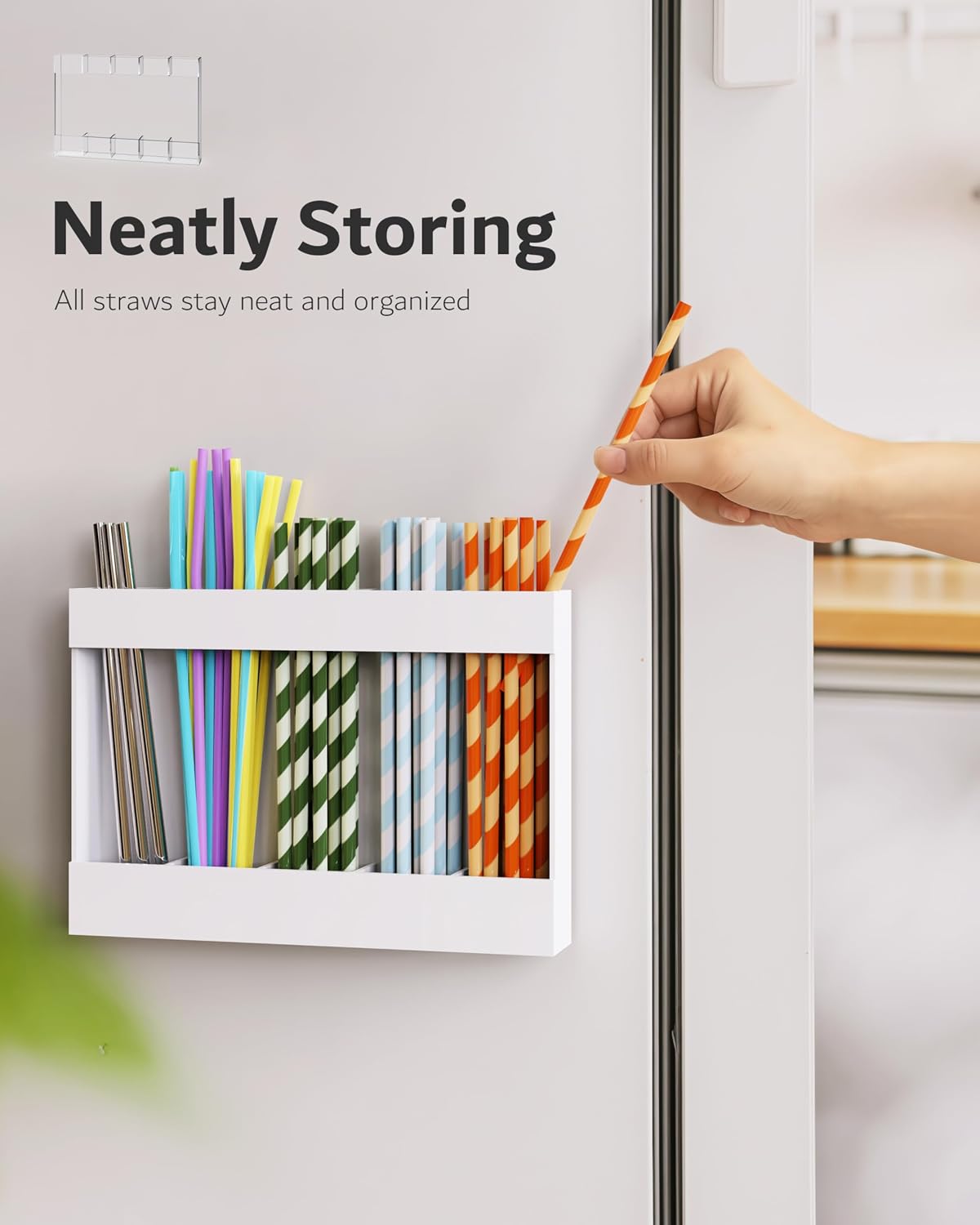 Upgraded 9.5'' Large Acrylic Straw Holder for Cabinet Door, Adjustable Space-Saving Straw Organizer Storage Dispenser for Cabinet with Ultra Sticky Adhesive Strips, 2-Part Rack, Drainage Holes