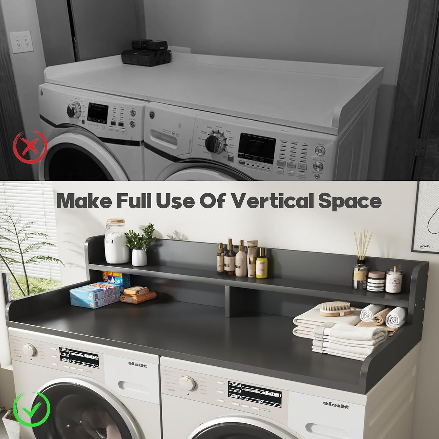 2-Tier Washer and Dryer Countertop with 2.75" H Guard,54" W x 27.5" D Laundry Countertop Cover with Non-Slip Pad,Large Space Laundry Topper for Folding Clothes Over Washer and Dryer-White