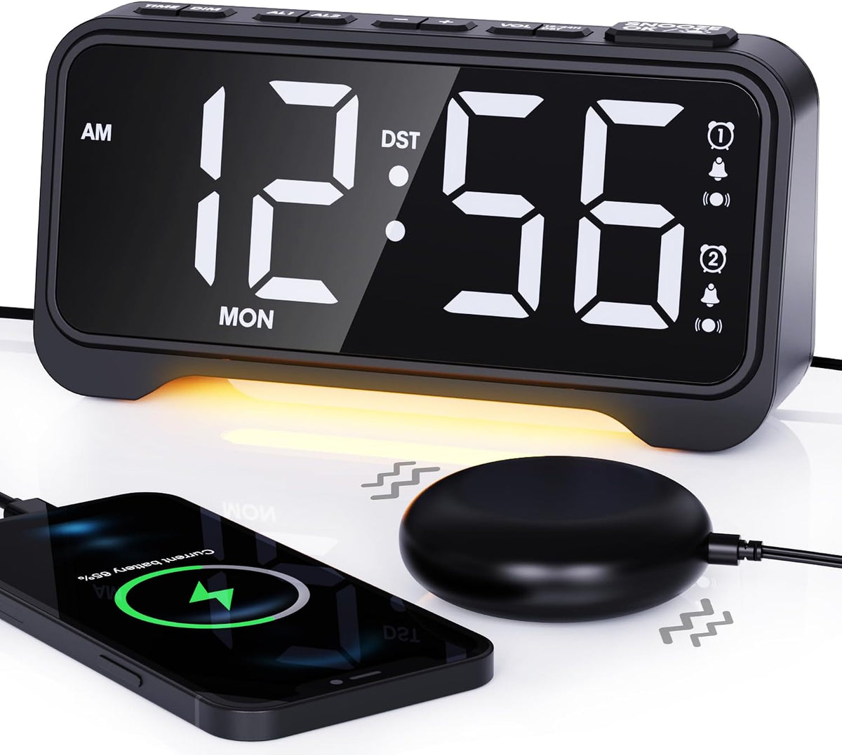 Vibrating Alarm Clock for Heavy Sleepers, 3-Level Bed Shaker, Dual Alarms