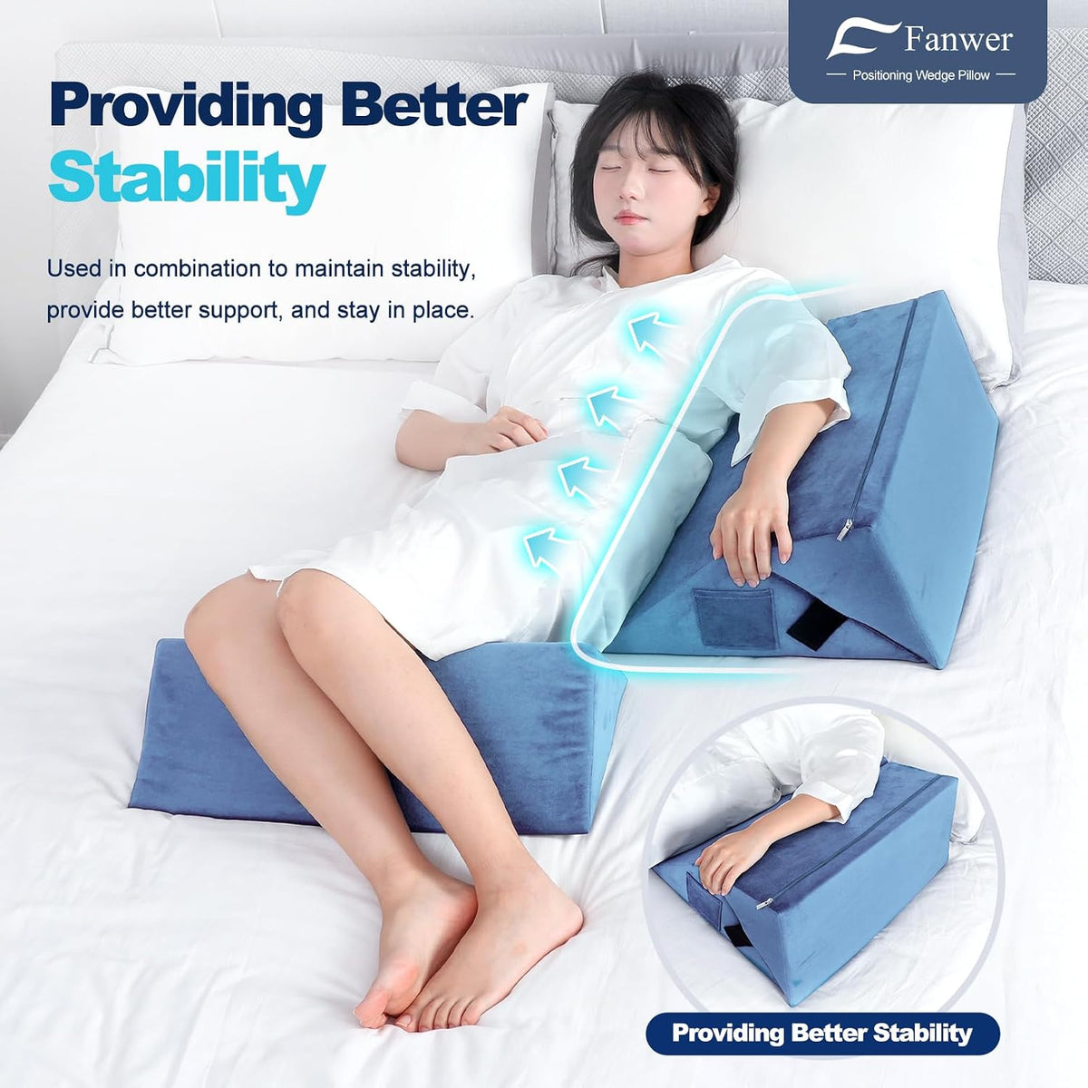 Fanwer Positioning Wedge Pillow for Side Sleeping (3 in 1), 40 Degree Triangle Bed Wedges & Body Positioners for Back Pain, Preventing Bedsores, After Surgery, Knees Elevated, Pregnancy