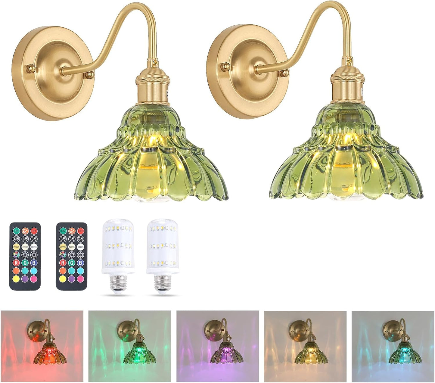 Shenmoyl Battery Operated Wall Sconce Wall Lamp with Green Lily of the Valley Shade Pattern Glass Adjustable Chain Retro Gold Wall Mounted Light, Modern Wall Lamp Fixtures Decor for Bedside Bedroom
