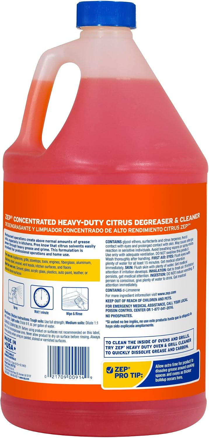 Zep Heavy-Duty Citrus Degreaser Cleaner Concentrate - 1 Gallon (1 Unit) ZUCIT128 - Restaurant Grade Degreaser and Cleaner Removes Oil, Grease, Adhesive, and Kitchen Soil
