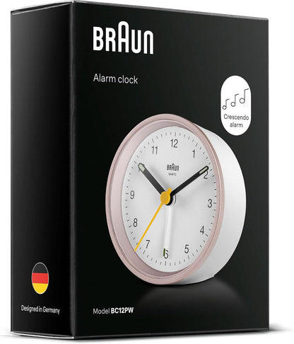 Braun Classic Analogue Alarm Clock with Snooze and Light, Quiet Quartz Movement, Crescendo Beep Alarm in White, Model BC12W.