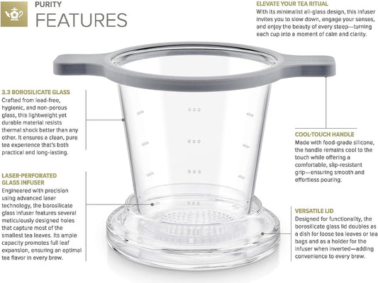 Teabloom Patent-Pending Purity Glass Tea Infuser with Lid – 3.3 Borosilicate, Laser-Perforated Filter, Universal Fit for Cups & Teapots, Toxin-Free Brewing for Whole-Leaf Tea