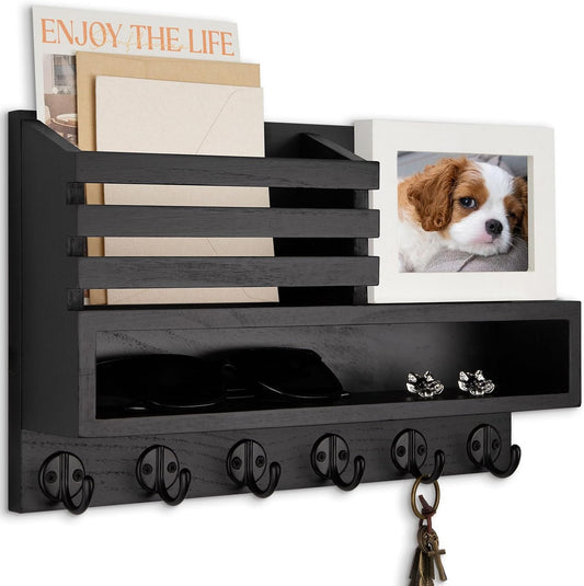 Key and Mail Holder Wall Mount, Key Hanger with Long Storage Box and 5 Hooks for Coat, Dog Leash, Home Decor Rack, House Accessories, Entry Way Organizer 11.8”W x 7.8”H x 3.2”D | Key Hanger with Mail Slot,5 Key Hooks for Coat, Dog Leash, Home Decor Rack,