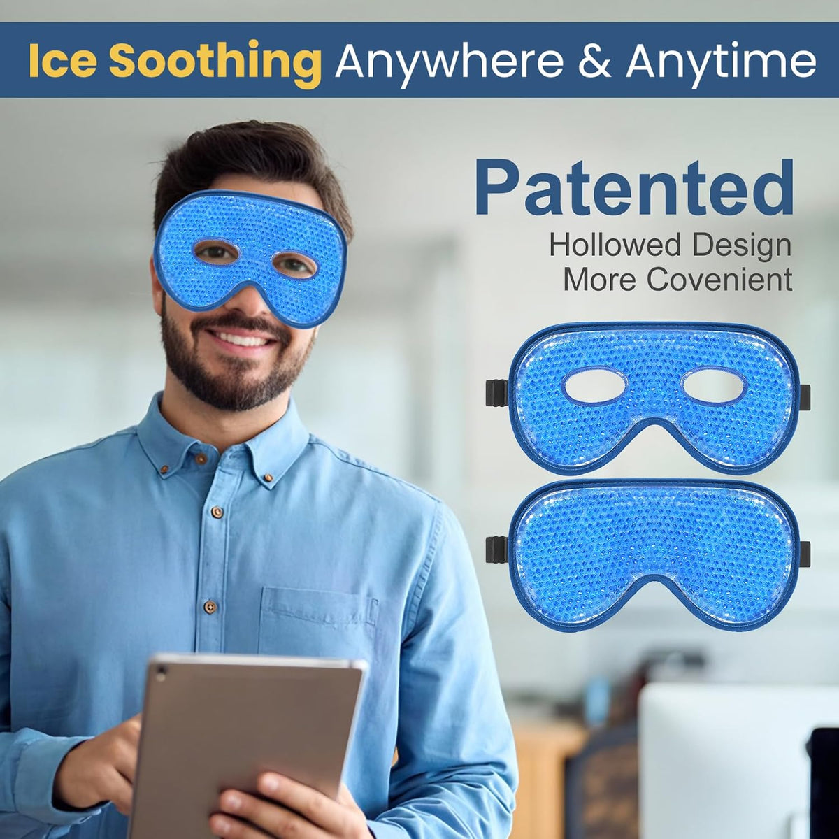 BeeVines Cooling Eye Mask, XL Jumbo Size Freezer Gel Eye Masks (2 Pack)