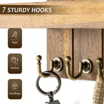 Rebee Vision Key Holder Wall Mount with 5 Key Hooks for Home Decor, Brown | 3.54'' x 10'' x 7.28'', Small Shelf for Display Plant, Key Hangers for Hat, Entryway Space-Saving Storage