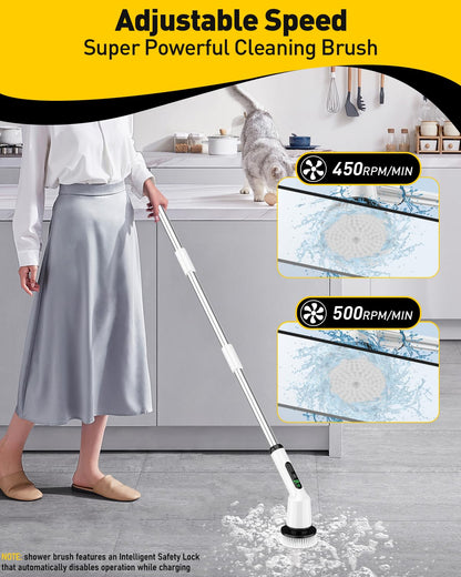 Electric Spin Scrubber for Bathroom, Shower Scrubber with Long Handle | Shower Cleaner Brushes, IPX7 Waterproof & 2 Speed, 3 Brush Heads, 90min Runtime, Bathroom Cleaning Supplies for Toilet Tub