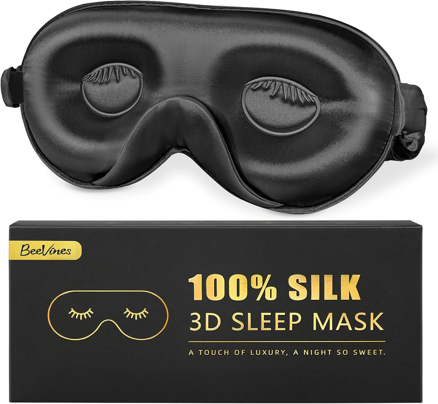 BeeVines 22 Momme Silk Sleep Mask, 3D Contoured Eye Masks for Women (Black) | Luxury 100% Pure Silk Eye Cover for Sleeping, 3D Contoured Eye Shade for Lash Extensions, Zero Eye Pressure & Blackout