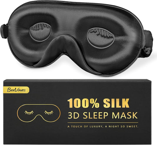 BeeVines 22 Momme Silk Sleep Mask, 3D Contoured Eye Masks for Women (Black) | Luxury 100% Pure Silk Eye Cover for Sleeping, 3D Contoured Eye Shade for Lash Extensions, Zero Eye Pressure & Blackout
