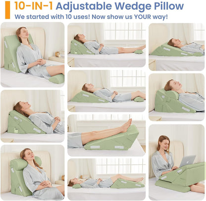 Sasttie Adjustable Wedge Pillow Set for After Surgery, Dark Grey & White | Bed Wedge Pillow Headboard with Memory Foam Neck Cushion, for Acid Reflux, Sleeping, Neck & Back Support