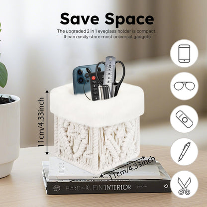 2 in 1 Glasses Holder, Double Plush Lined Eyeglass Holder Stand | 2 Slots Anti-scratch Eye-glasses Storage Organizer Case for Nightstand, Office Desk, Table, Brown