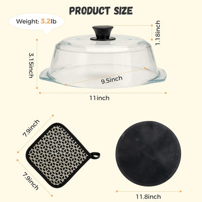 Glass Microwave Splatter Cover for Food with Silicone Trivet | Sturdy Glass Plate Guard Lid with Vent Holes & Easy-Grip Knob - BPA Free, Dishwasher Safe - 9.5inch, Includes Oven Mitt