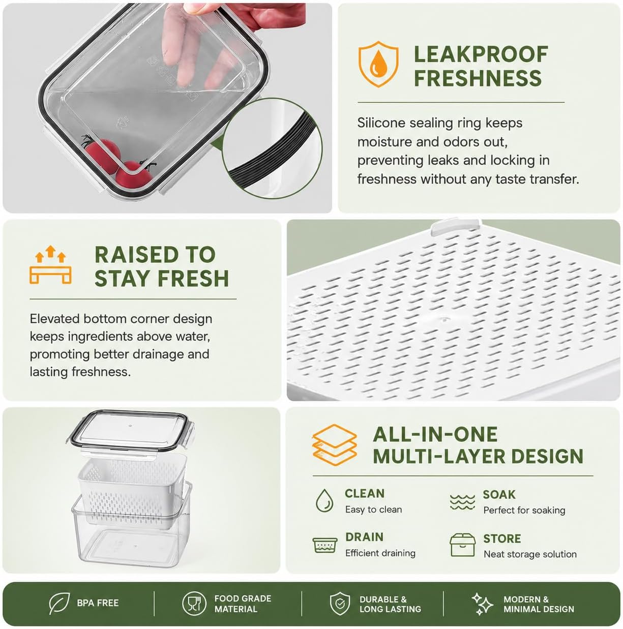 3-Pack BPA-Free Food Storage Containers with Lids & Removable Strainer – Airtight Fridge Organizer & Fresh Produce Keeper for Fruits, Vegetables & Meat, Dishwasher & Freezer Safe (0.85L, 1.75L, 3.3L)