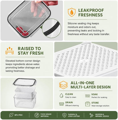 3-Pack BPA-Free Food Storage Containers with Lids & Removable Strainer – Airtight Fridge Organizer & Fresh Produce Keeper for Fruits, Vegetables & Meat, Dishwasher & Freezer Safe (0.85L, 1.75L, 3.3L)