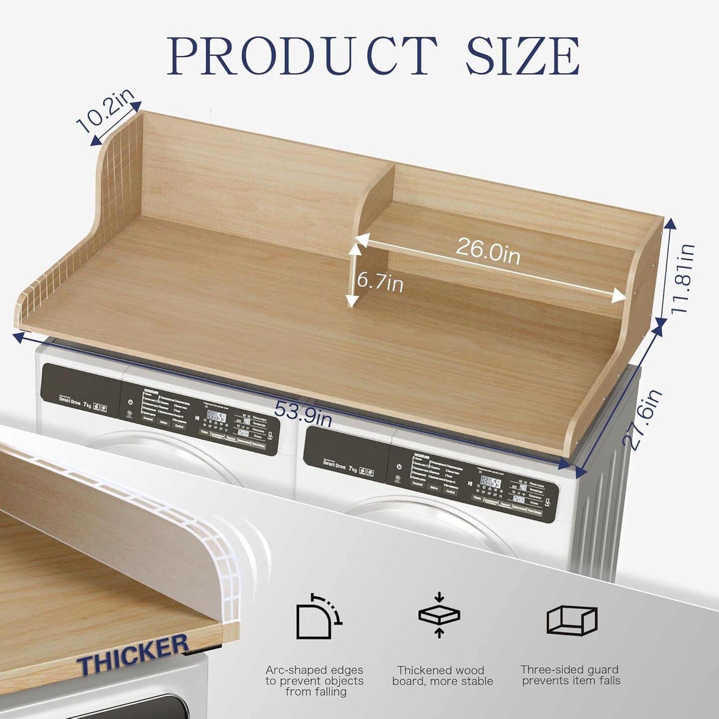 DTK Washer Dryer Wood Countertop with Shelf, Laundry Topper with Non-Slip Mat,27.55" Depth x 54" Width Dryer Covers for The Top with Edge Rails, Black
