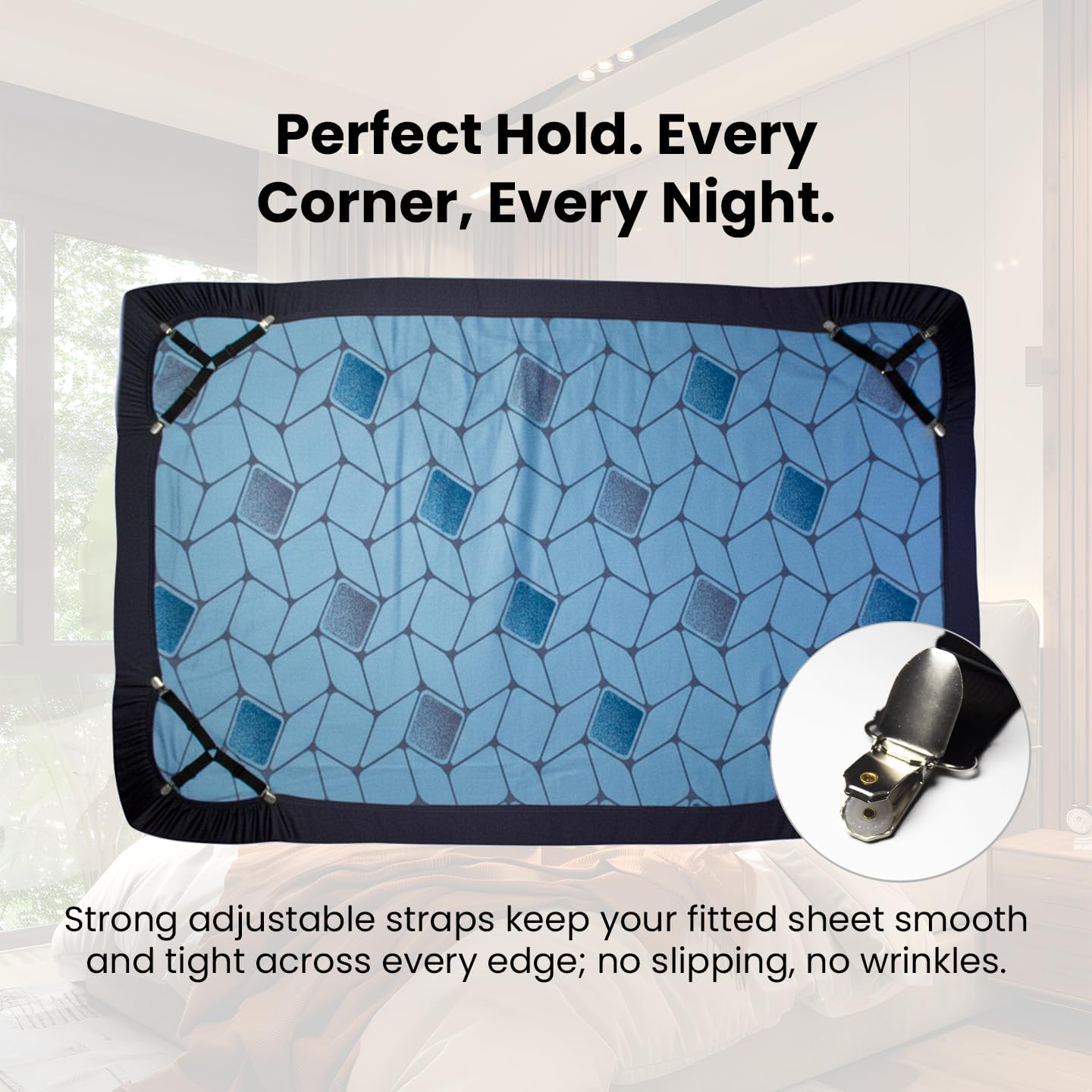 Bed Sheet Holders(4 Pack) Durable Metal Core, Adjustable Steel Buckle, Strong Elastic & Soft-Pad Grippers. Keep in Place Fitted Bedding Straps for Any Mattress, Easy No-Lift Install