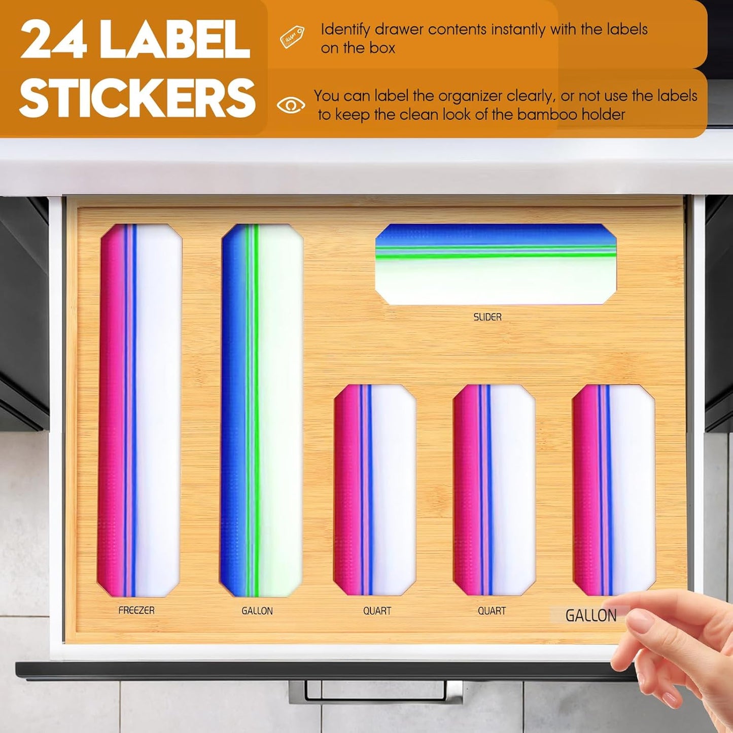 9 in 1 Foil and Plastic Wrap Dispenser with Cutter, Black Bamboo Ziplock Bag Organizer for Drawer - Holds Gallon, Quart Bags & Aluminum Foil/Wax Paper, Wall Mountable Kitchen Storage