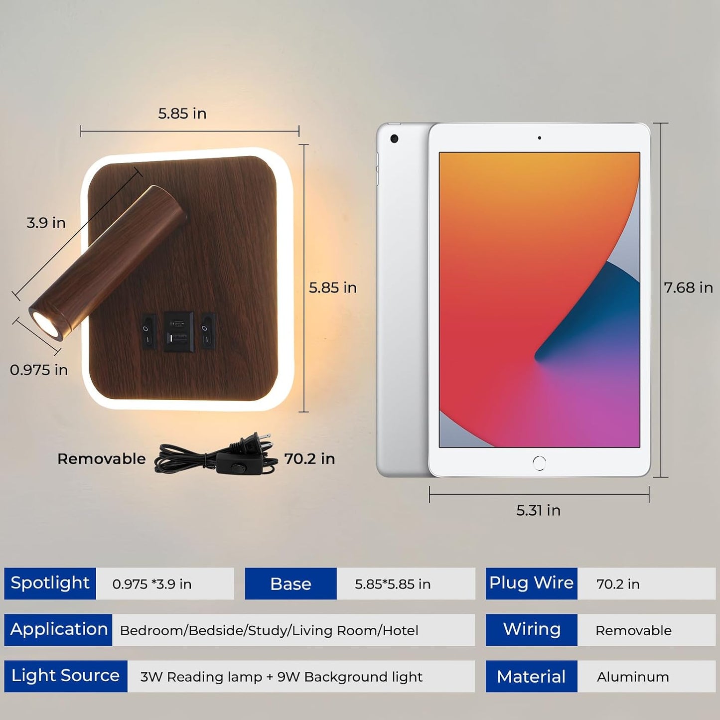 Plug in Wall Sconce with Wall Mounted Reading Lights with Switch | Wall Lamp for Bedroom with Charging Station USB C+A Ports,Bunk Bed Lights with 3W+9W Night Light,Walnut Color Reading Light