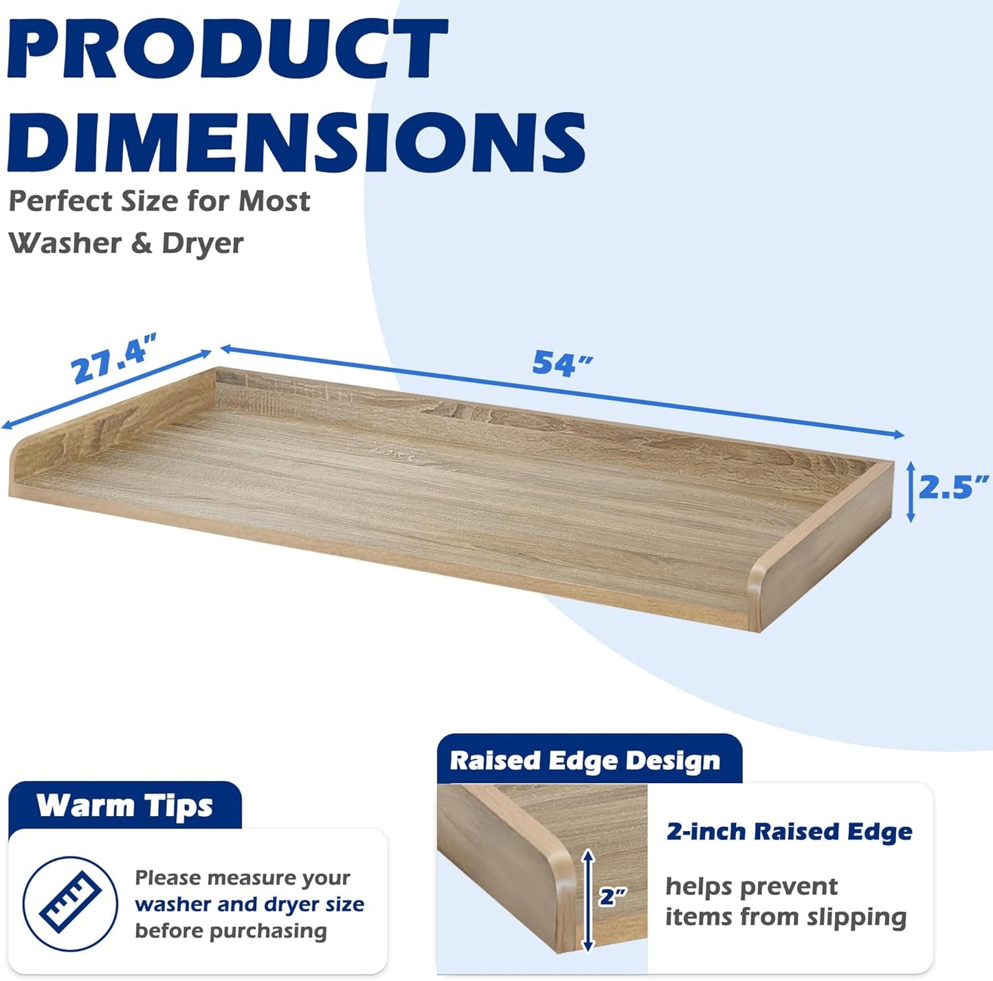 ROYXEN Washer Dryer Countertop, Laundry Countertop Solid Wood, Countertop for All Front-Loaded Washing Machine and Dryer, Extra Room for Laundry Room, Oak