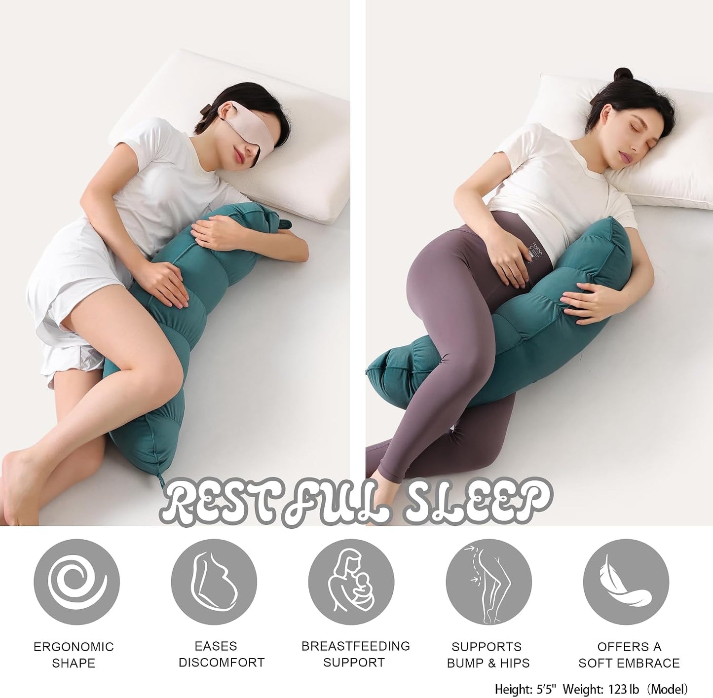 Peallow(Pat. Pend) – Long Round Body Pillow for Adults, Bolster Pillow for Sleeping, Soft and Supportive Pillow for Sleeping & Lumbar Support (Green-White, 29.5")