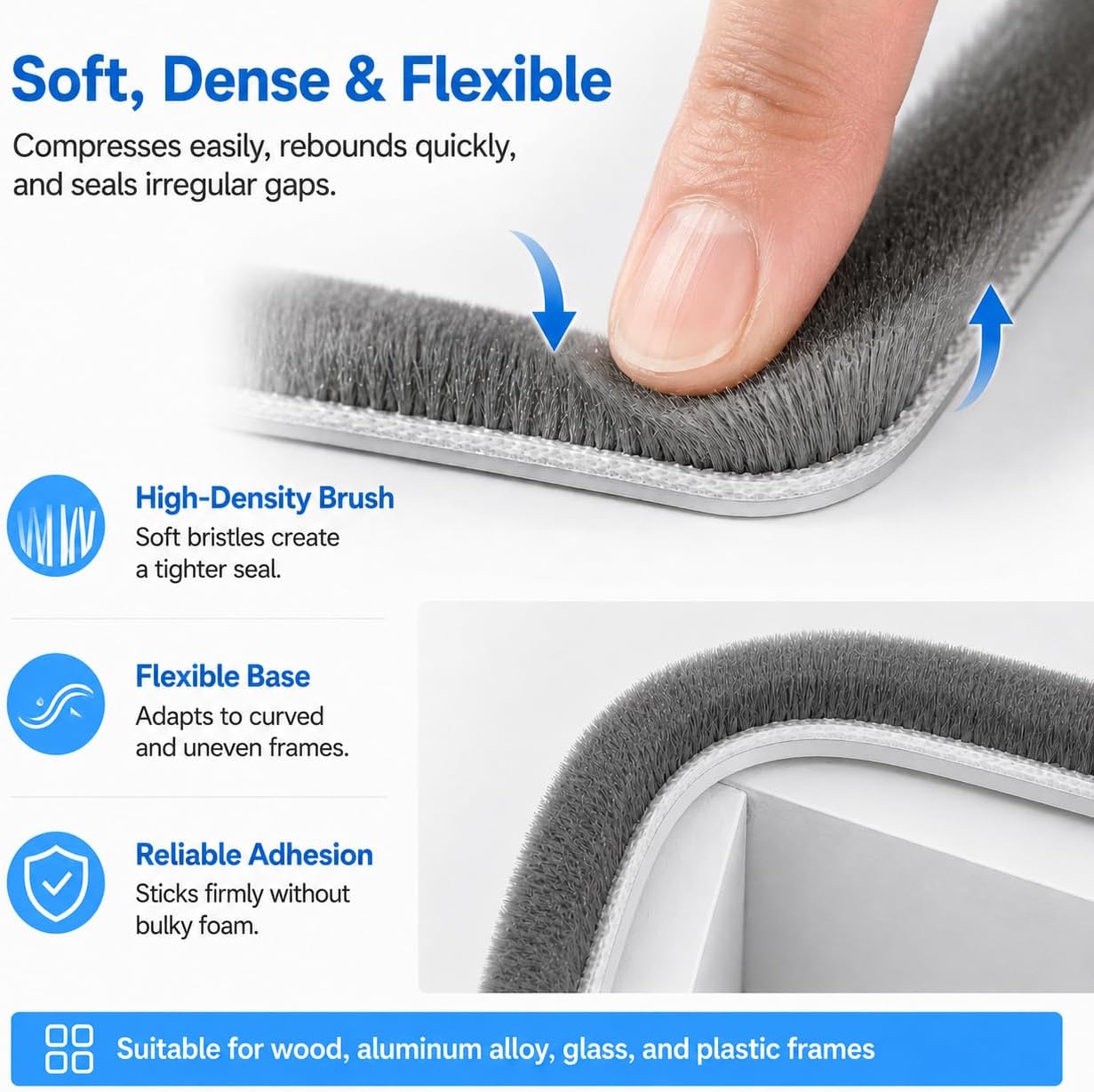 20FT Brush Weather Stripping, Self-Adhesive Pile Door Seal Strip for Sliding Doors and Windows, Felt Weatherstrip Draft Stopper, Soundproof Dustproof Window Gap Seal, Gray