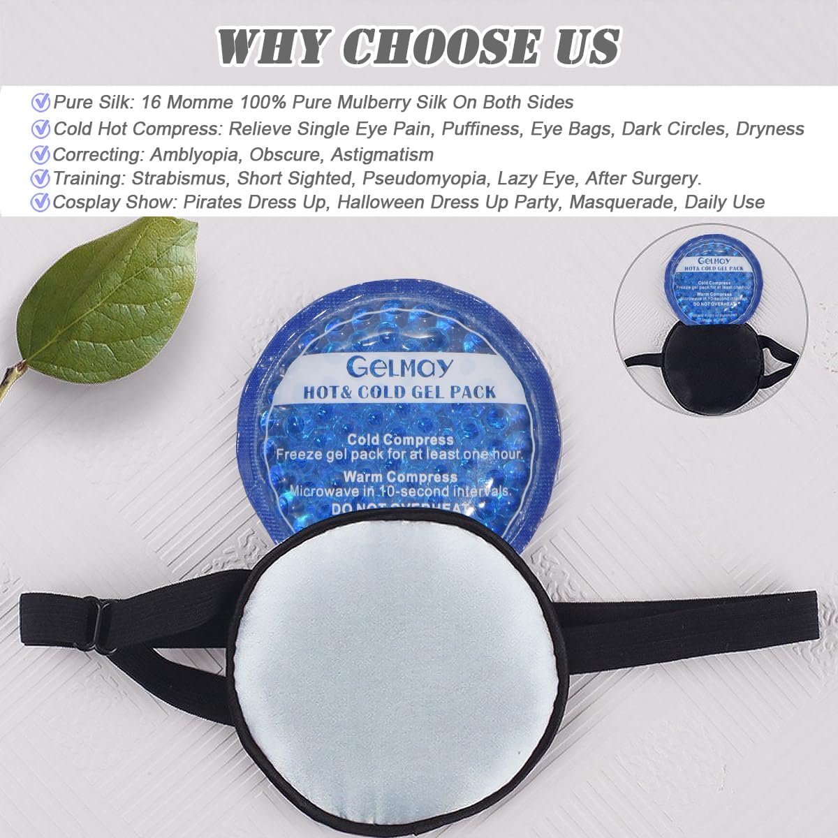 Cooling Eye Patches for Puffy Eyes, Pure Silk Ice Eye Patch, Single Eye Mask, Medical One Eye Cover Cold Hot Therapy Strabismus Lazy Eyes After Surgery Adult Kid Pirate Eyepatch (Black)