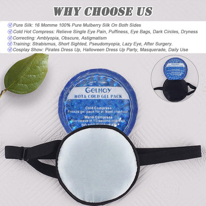 Cooling Eye Patches for Puffy Eyes, Pure Silk Ice Eye Patch, Single Eye Mask, Medical One Eye Cover Cold Hot Therapy Strabismus Lazy Eyes After Surgery Adult Kid Pirate Eyepatch (Black)
