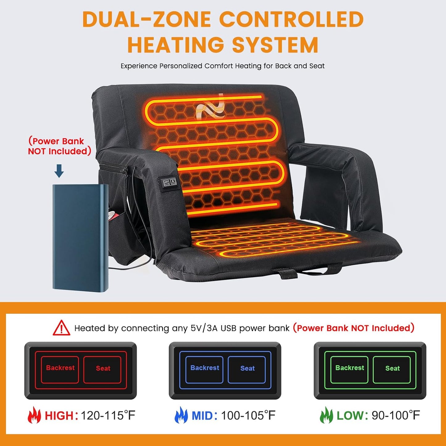 25in 5.12" Extra Thick&Wide Heated Stadium Seat for Bleachers | Sofa Style Design Thick Bleacher Chair With Back and Comfy Cushion, 6 Reclining Positions, 3 Heat Levels (NO Battery)