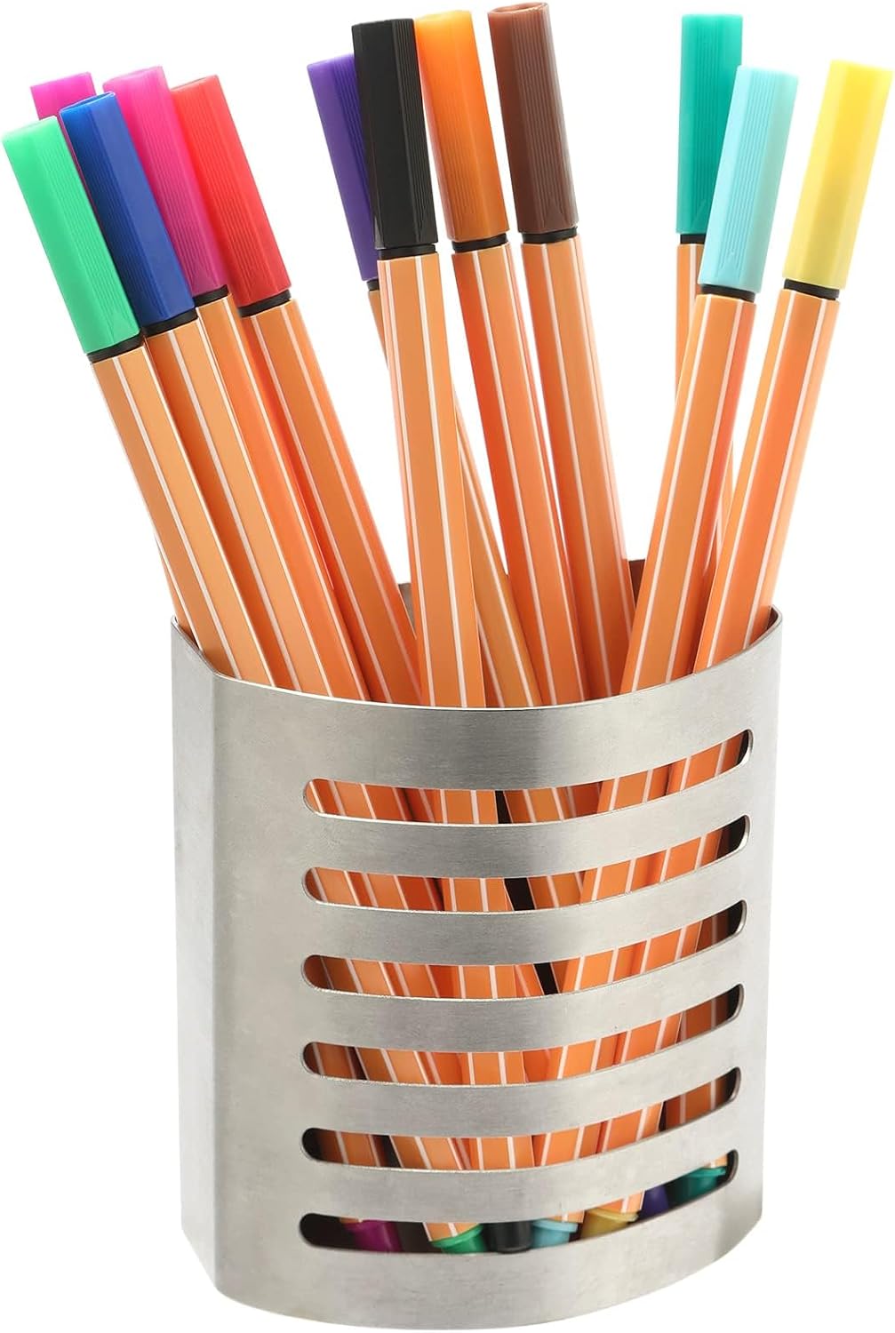 Magnetic Modern Pen and Pencil Holder, 3.25" x 1.75" x 3.50" | Metal Writing Utensil Storage Organizer for Kitchen, Locker, Home, or Office, Brushed Stainless Steel