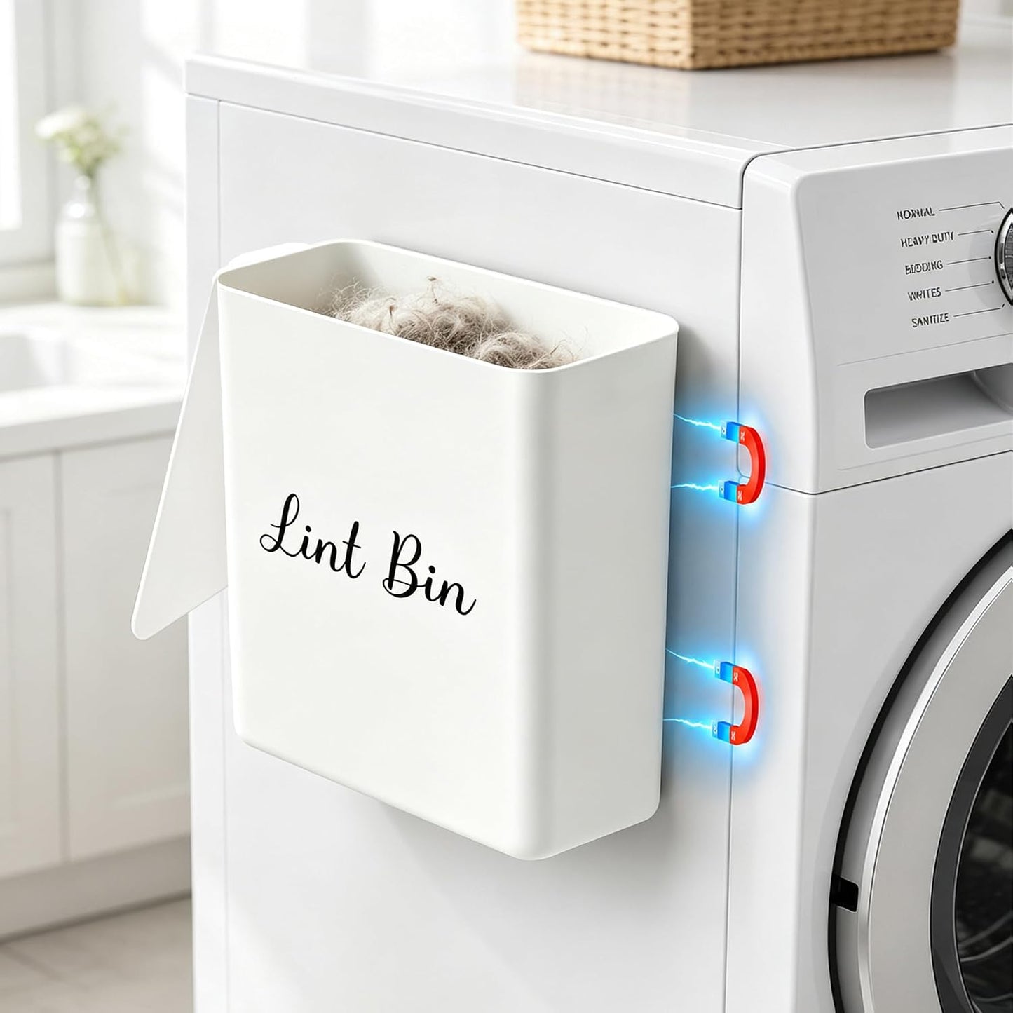 Magnetic Lint Bin with Lid for Laundry Room, Compact Plastic Dryer Lint Holder, Small Laundry Trash Container for Dryer Lint & Used Dryer Sheets, Space Saving Storage Decor Organizer (Black)