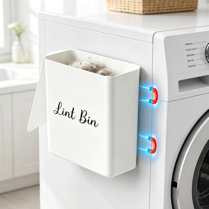 Magnetic Lint Bin with Lid for Laundry Room, Compact Plastic Dryer Lint Holder, Small Laundry Trash Container for Dryer Lint & Used Dryer Sheets, Space Saving Storage Decor Organizer (Black)