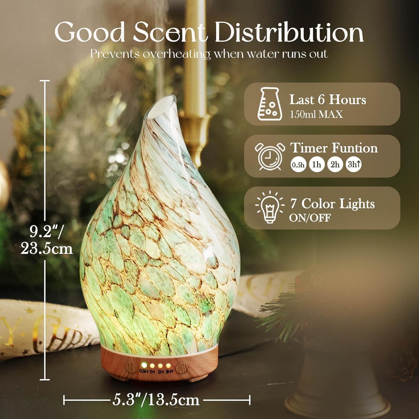 Porseme Oil Diffuser 3D Glass Aromatherapy Ultrasonic Humidifier, Air Refresh Auto Shut-Off, Timer Setting, BPA Free for Home Hotel Yoga Leisure SPA Gift 150ml Last 6H - Colors A